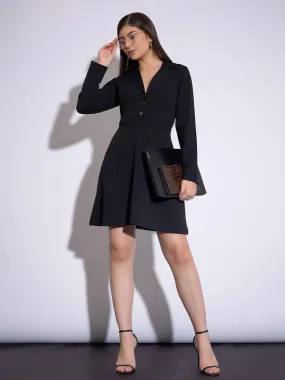 Women Black Notch Collar Full Sleeves Dress