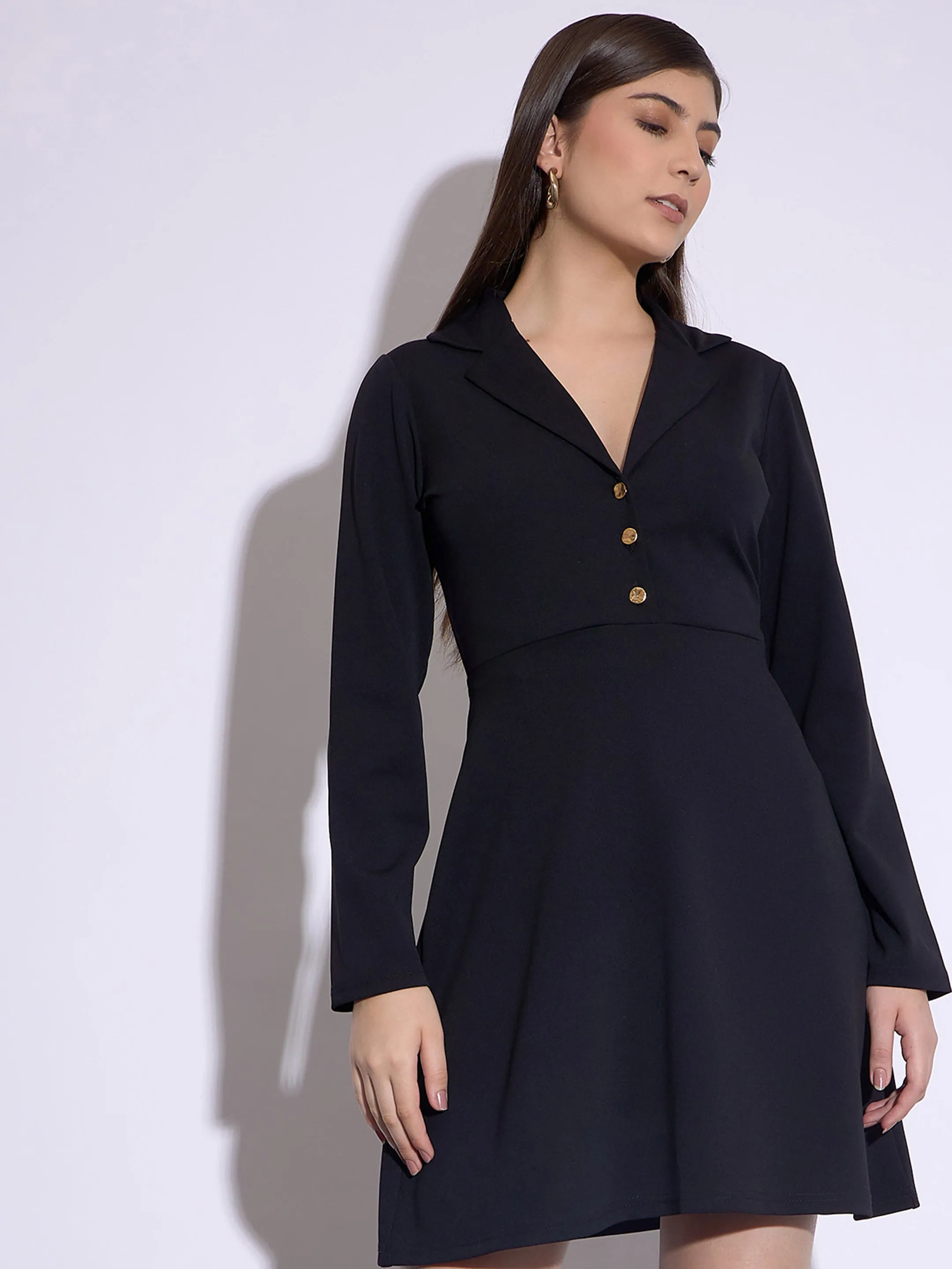 Women Black Notch Collar Full Sleeves Dress