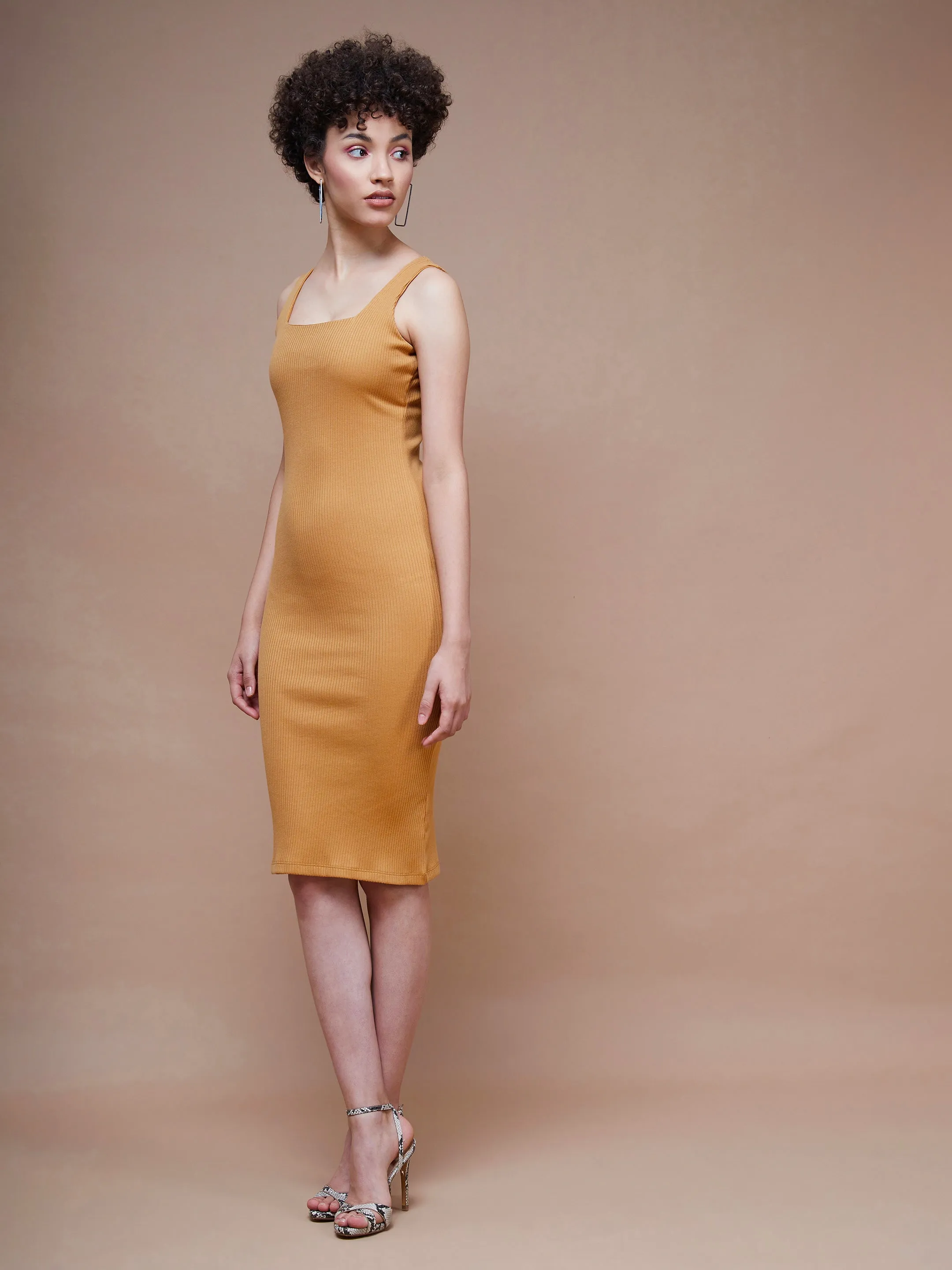 Women Brown Rib Square Neck Midi Dress