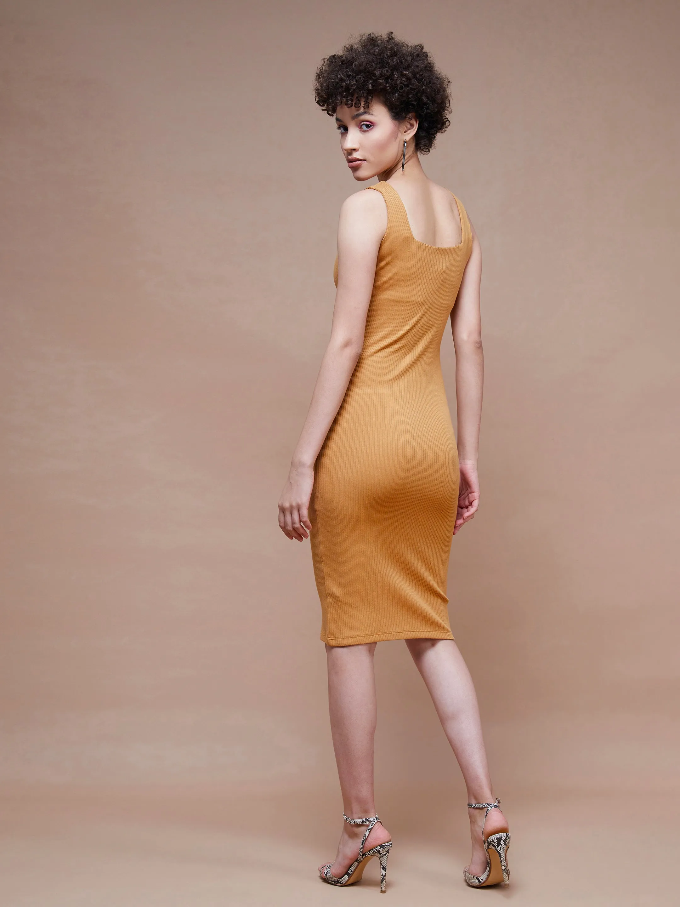 Women Brown Rib Square Neck Midi Dress