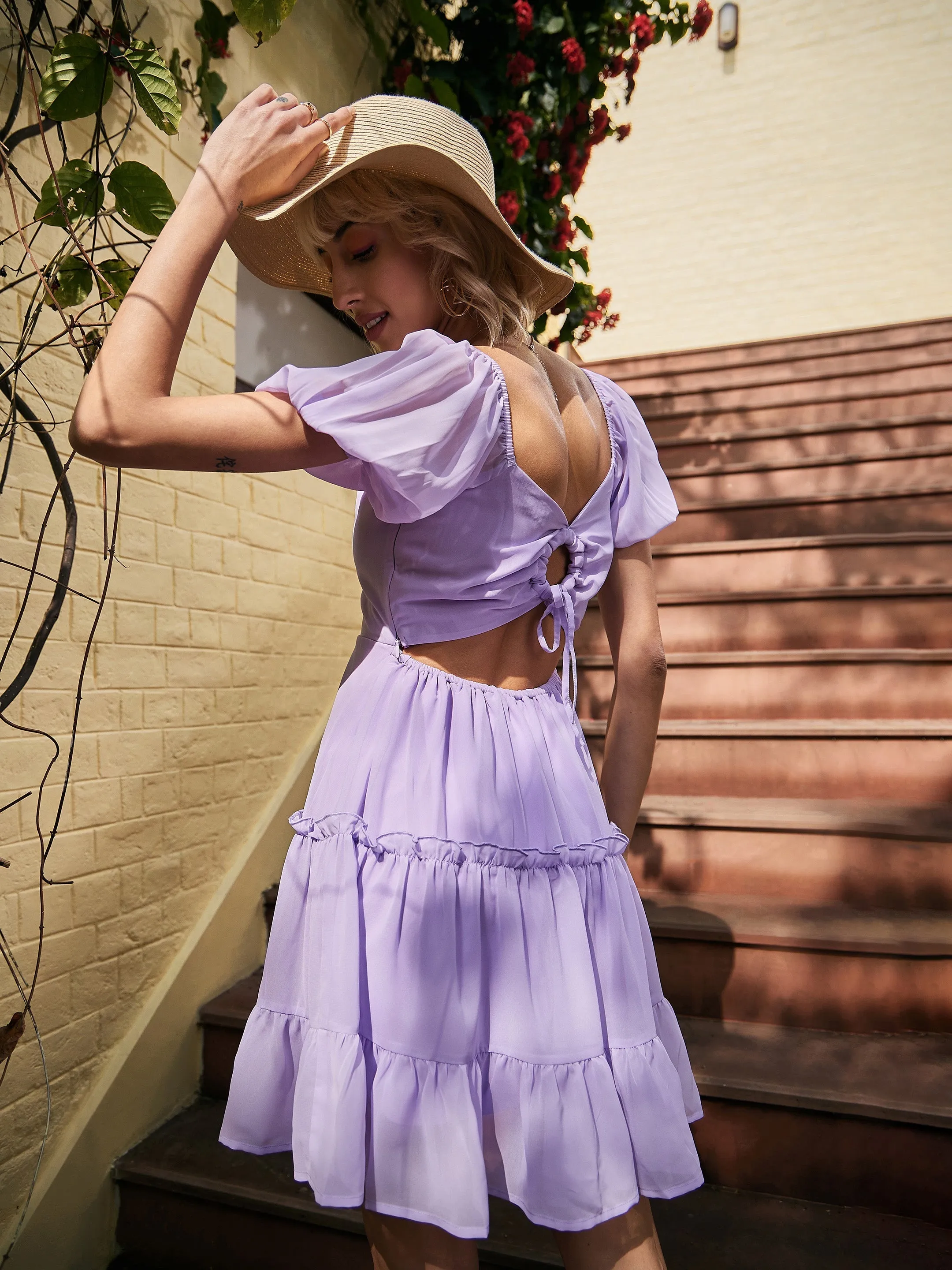 Women Lavender Sweetheart Neck Short Skater Dress