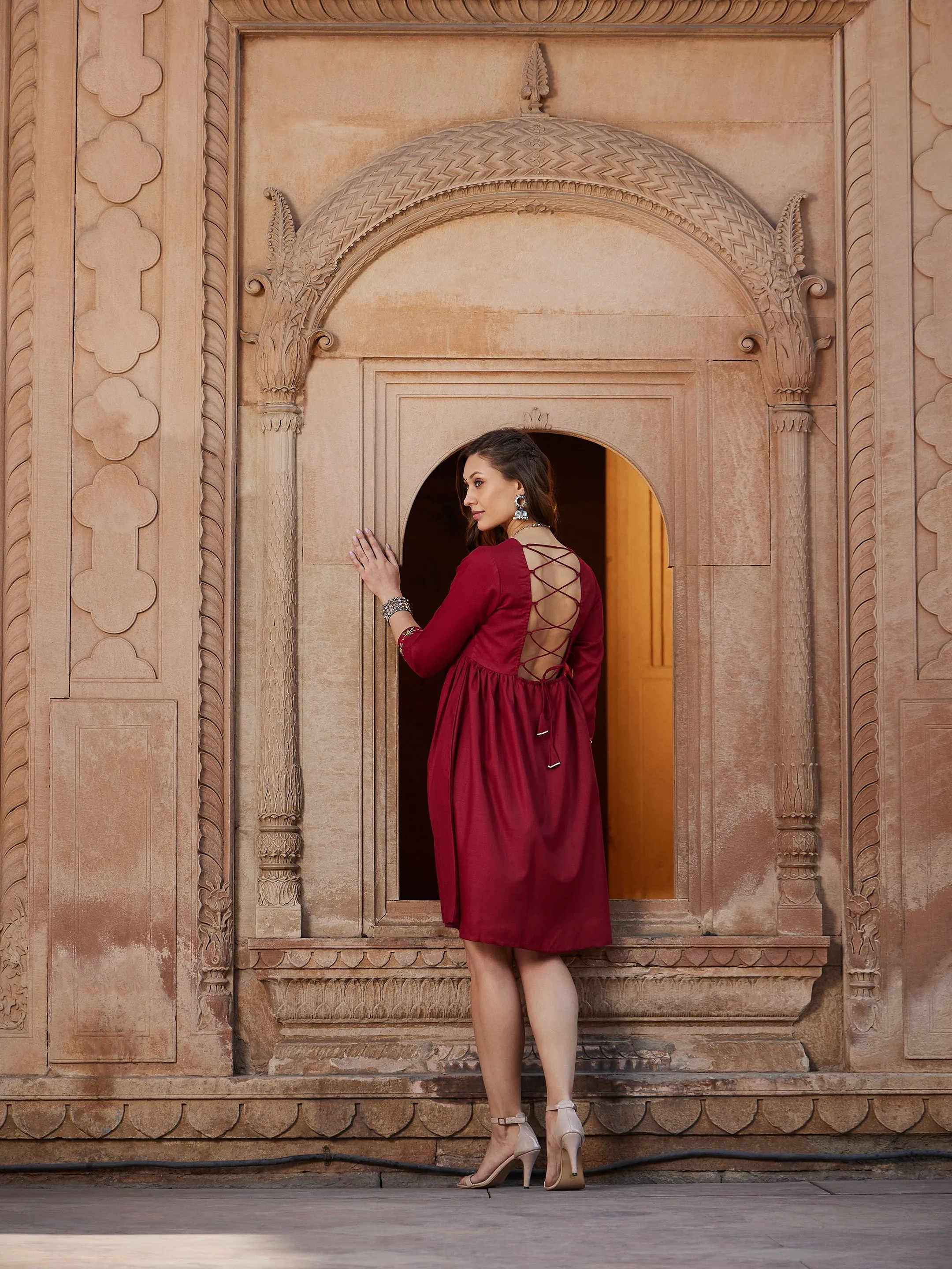 Women Maroon Embroidered Criss-Cross Tie Back Short Dress