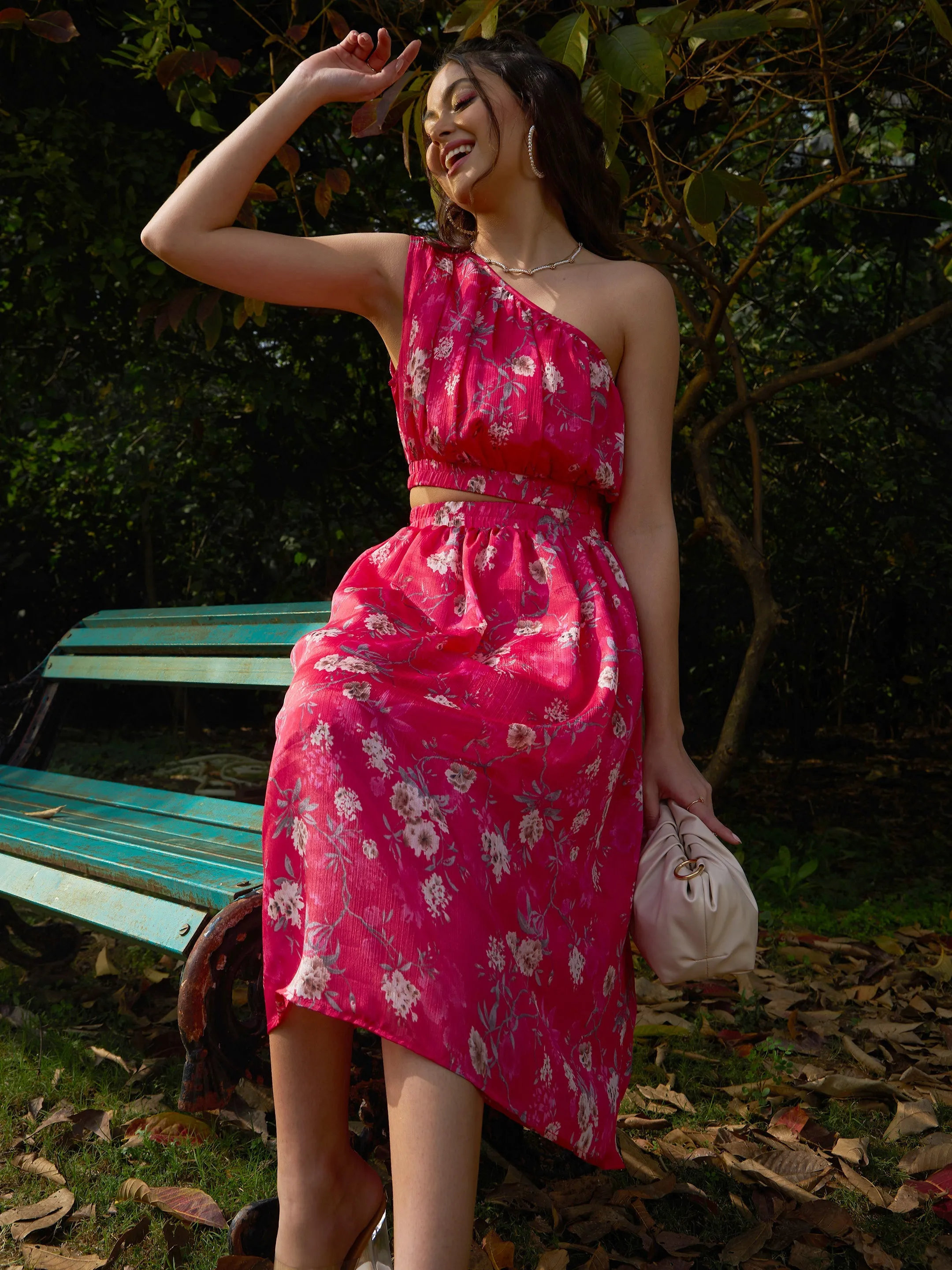 Women Pink Floral Chinon One Shoulder Side Cut-Out Dress