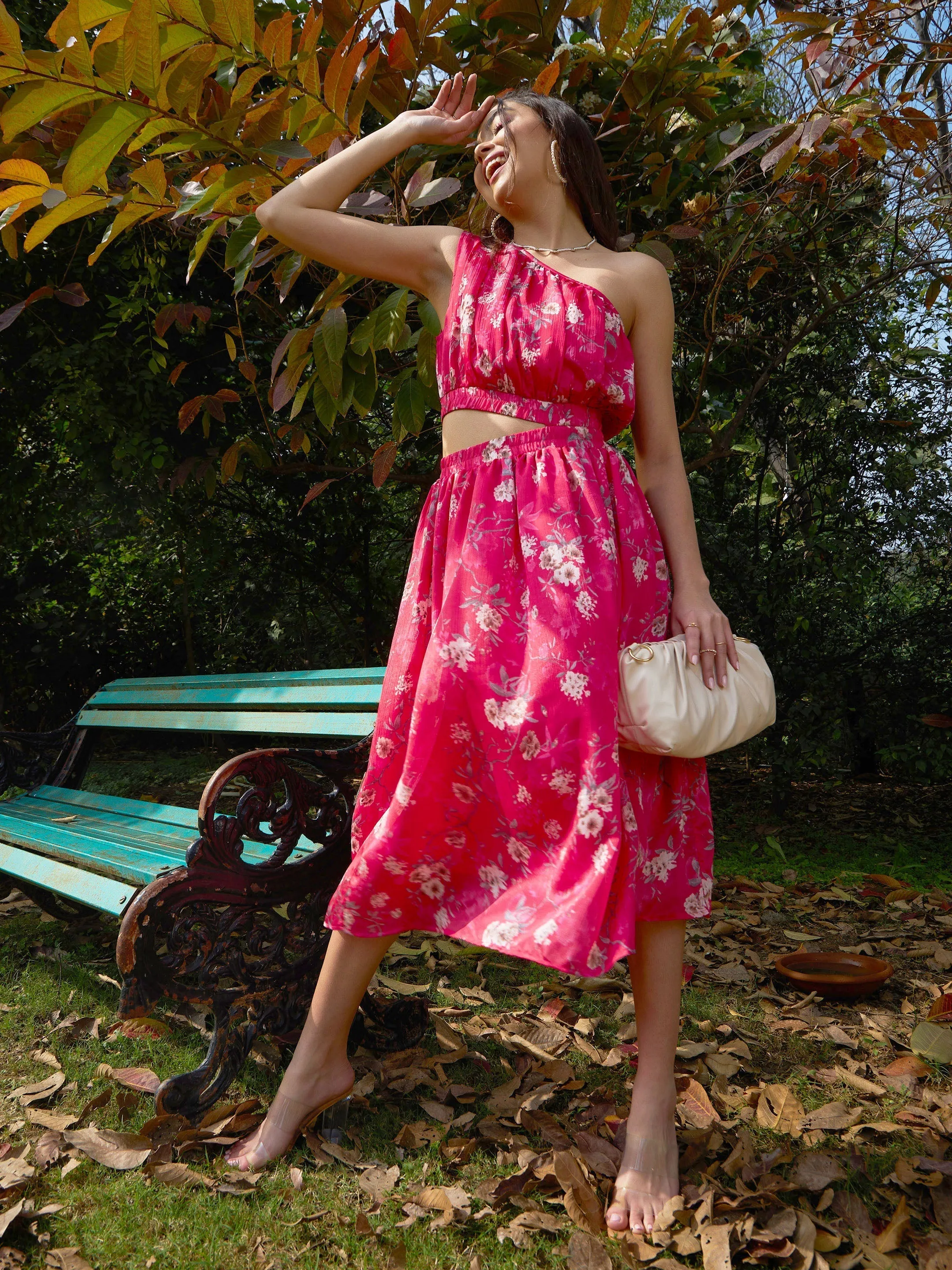 Women Pink Floral Chinon One Shoulder Side Cut-Out Dress