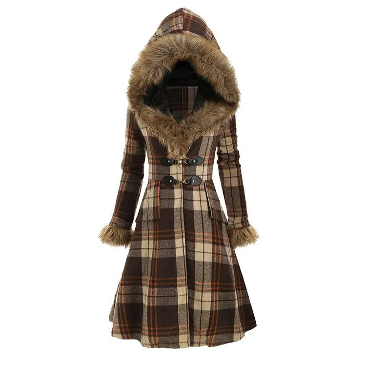 Women Plaid Slim Waist Women Overcoat for Winter