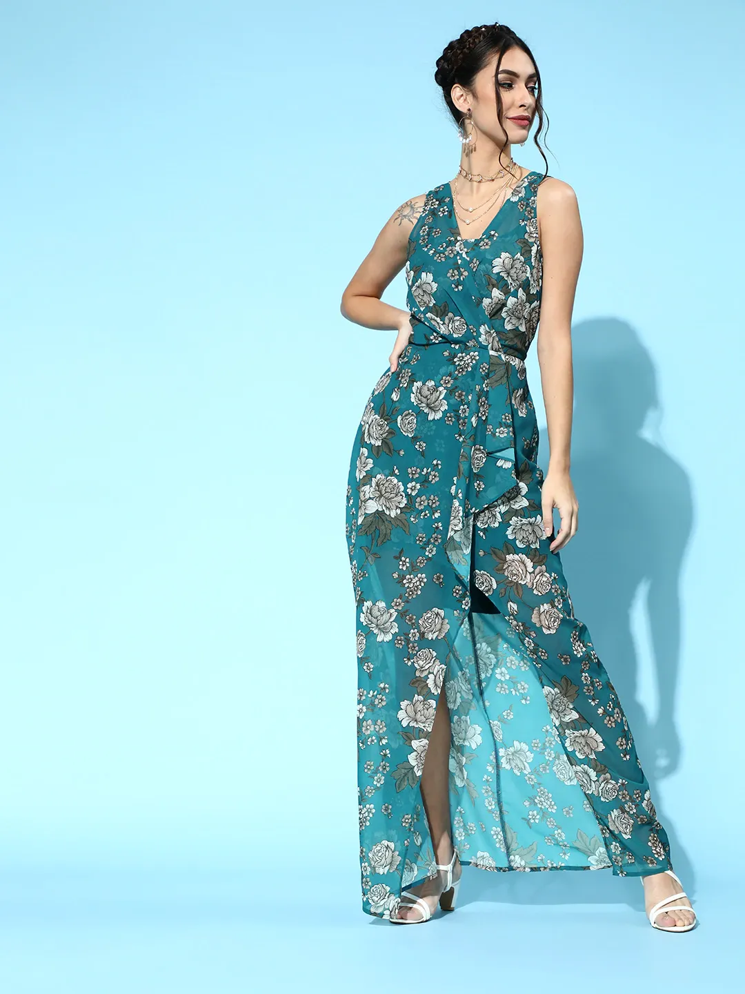 Women Teal Blue Floral Wrap Maxi Dress