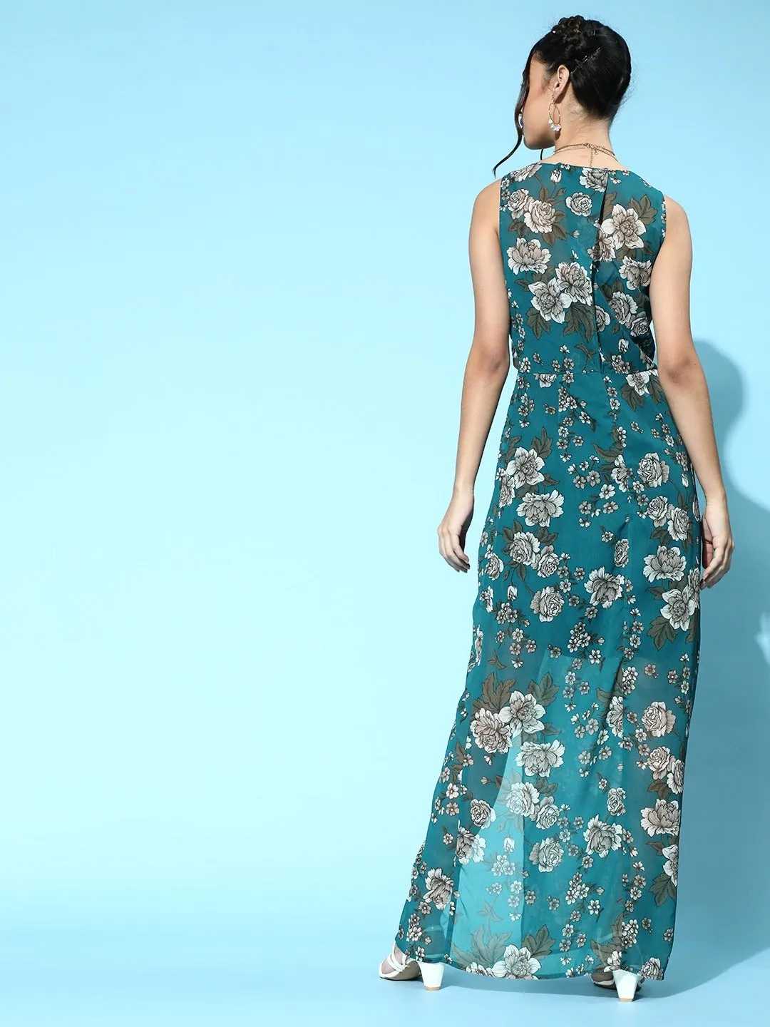 Women Teal Blue Floral Wrap Maxi Dress