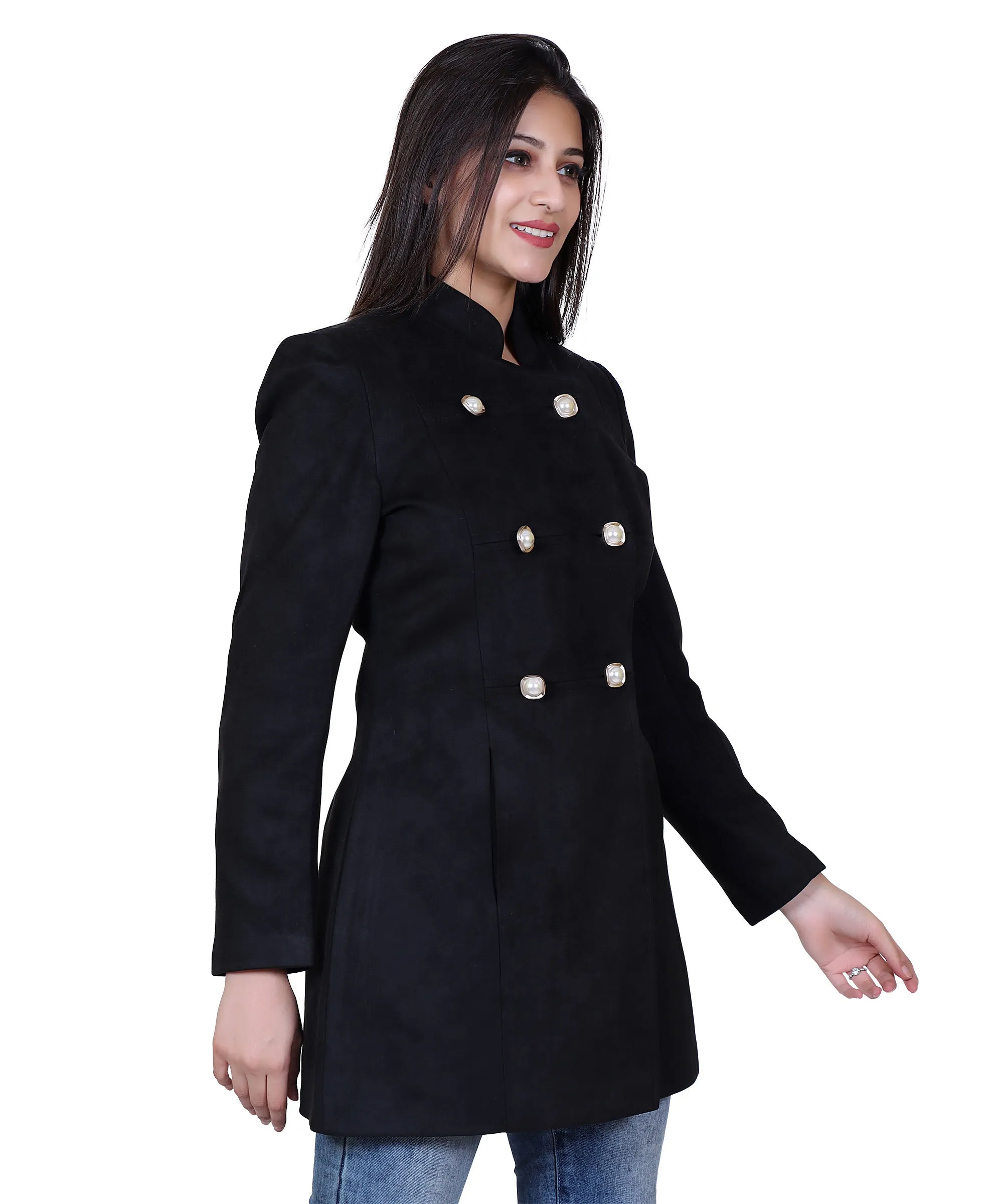 Women Thin Suede Fabric Double Breasted Pre-Winter Coat with Mock Collar