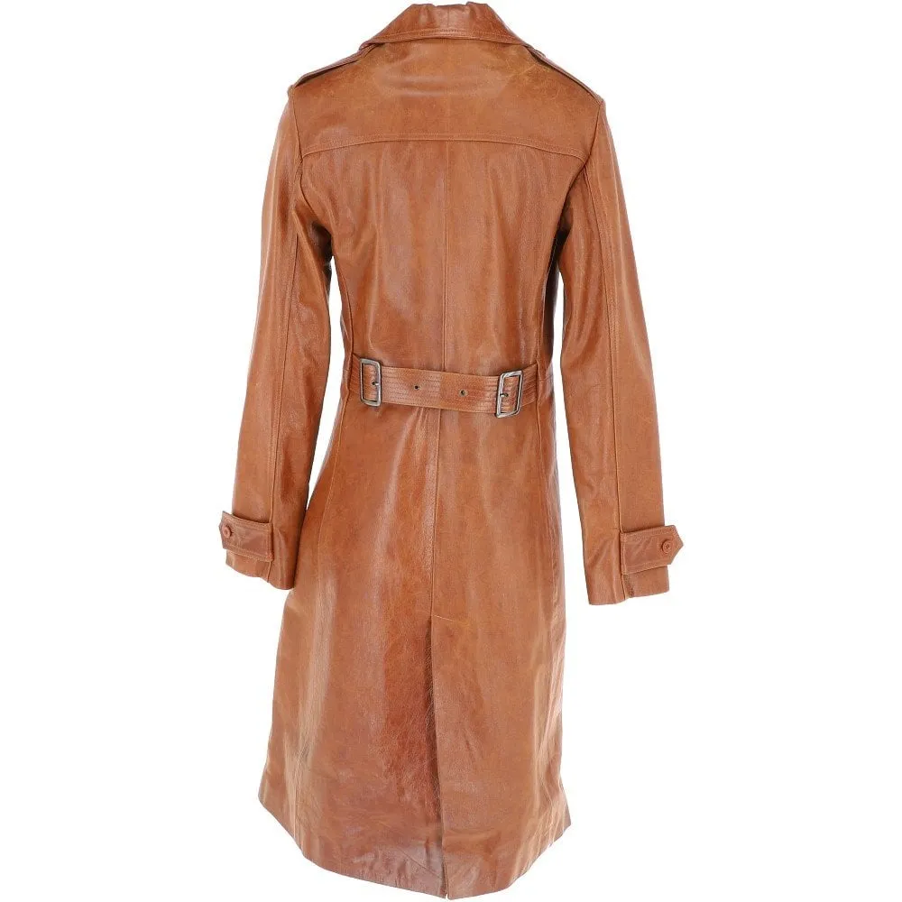 Women's 3-4 Double Breasted Distressed Tan Leather Trench Long Overcoat