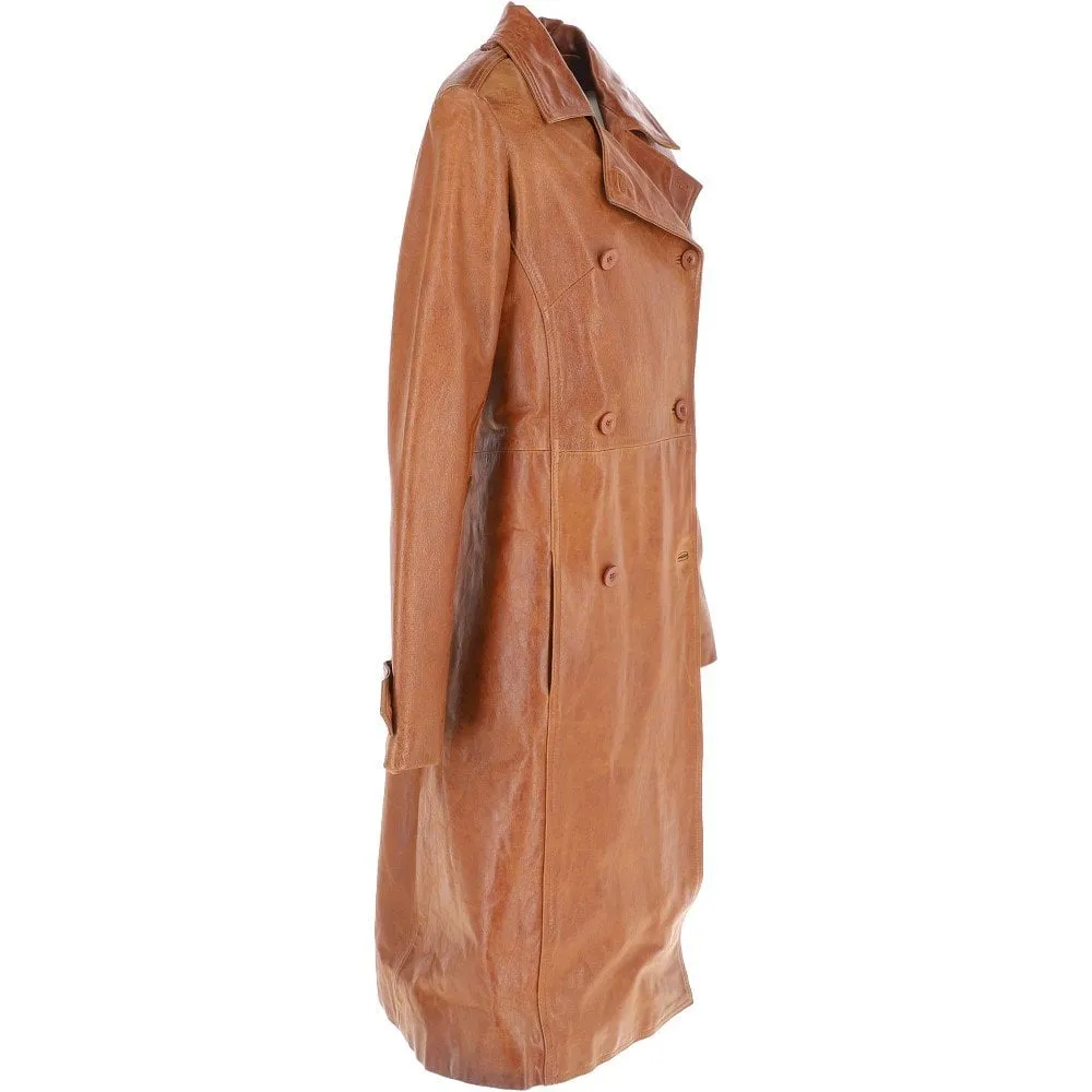 Women's 3-4 Double Breasted Distressed Tan Leather Trench Long Overcoat