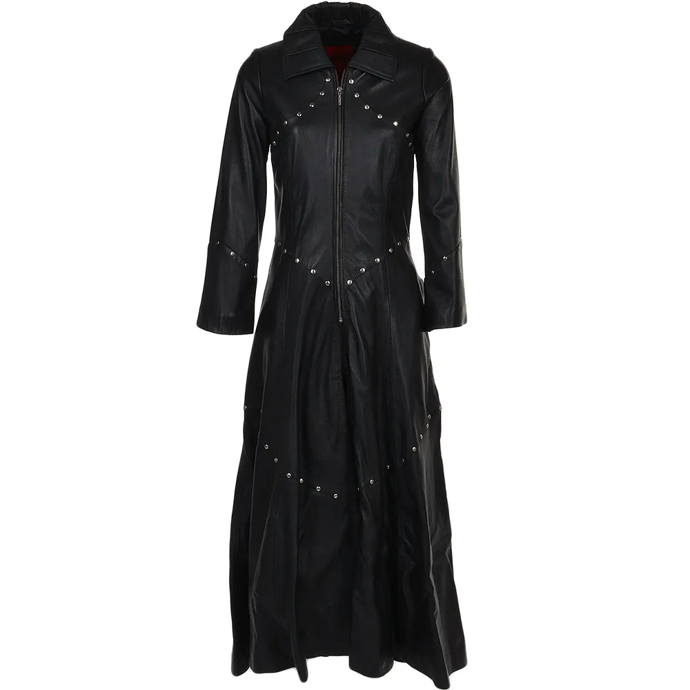 Women's Belted Black Long Length Gothic Leather Trench Long Overcoat