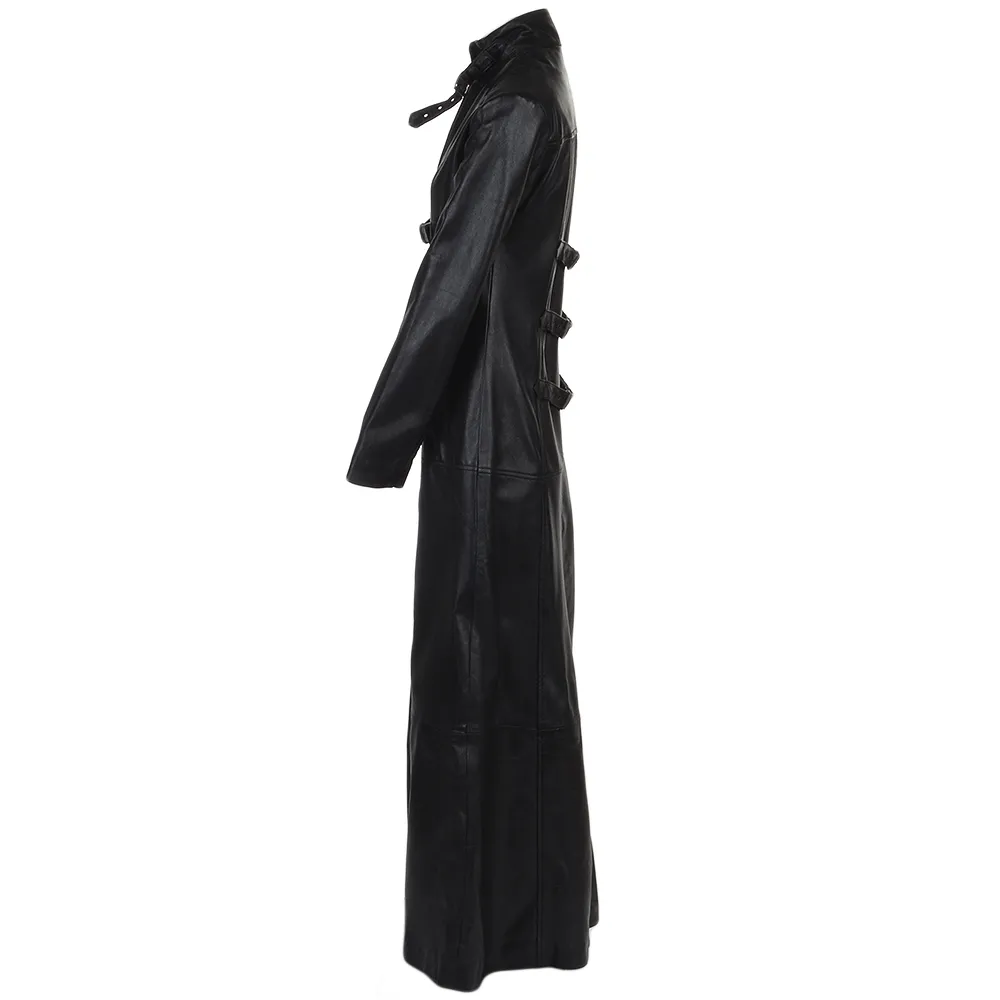 Women's Belted Black Long Length Gothic Leather Trench Long Overcoat