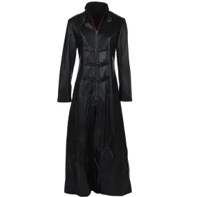 Women's Belted Black Long Length Gothic Leather Trench Long Overcoat