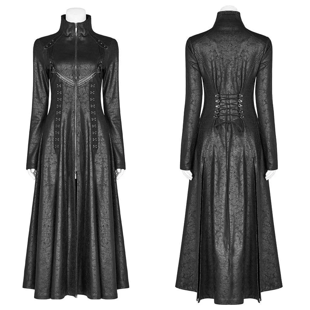 Women's Goth Front Zipper Stand Collar Maxi Overcoat