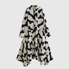 Women's Loose Black and White Geometric Pattern Shirt Style Dress