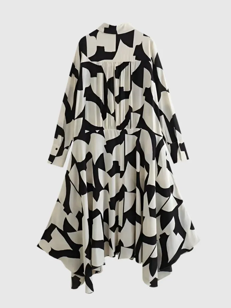 Women's Loose Black and White Geometric Pattern Shirt Style Dress