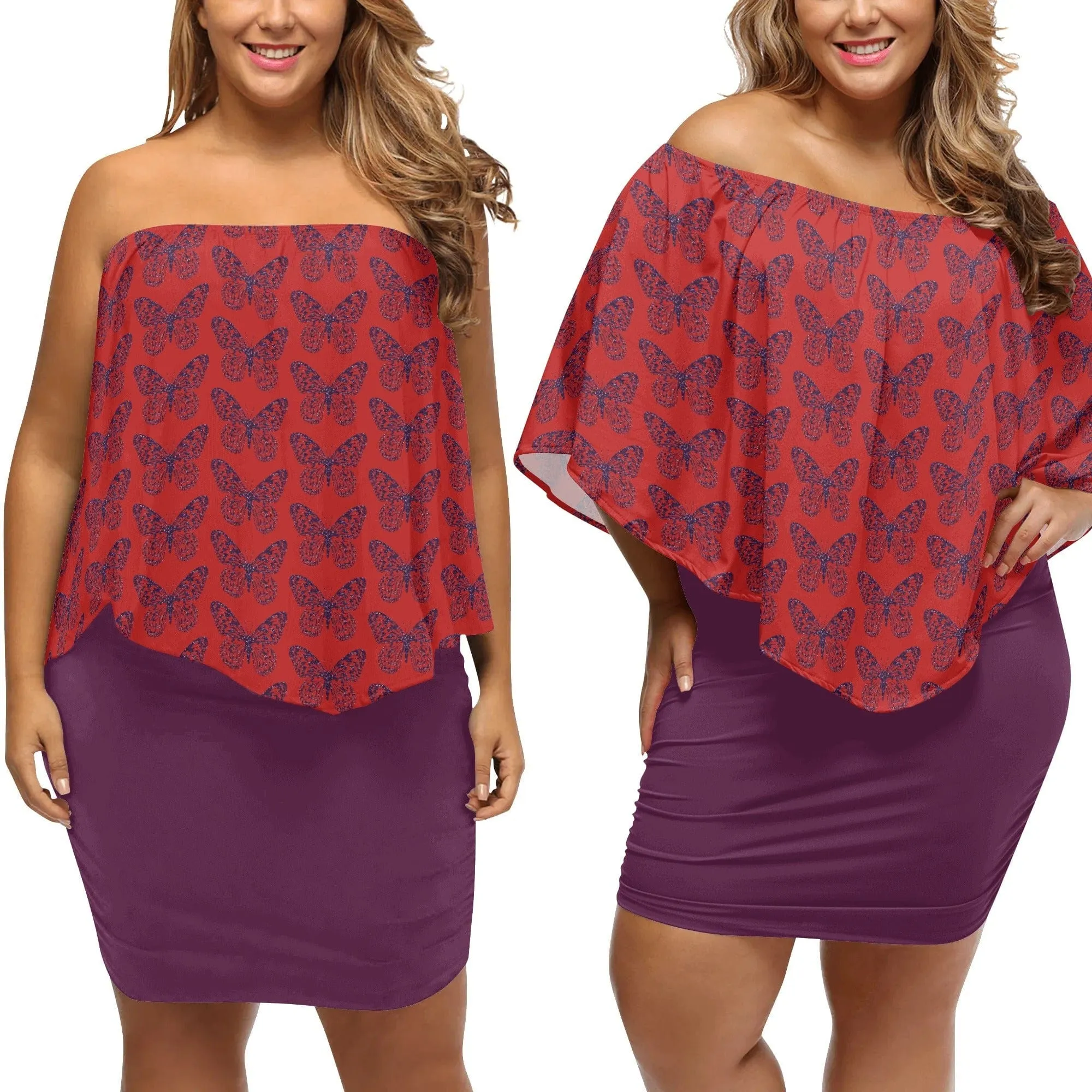 Womens Off-the-Shoulder Purple Butterflies Wrap Dress