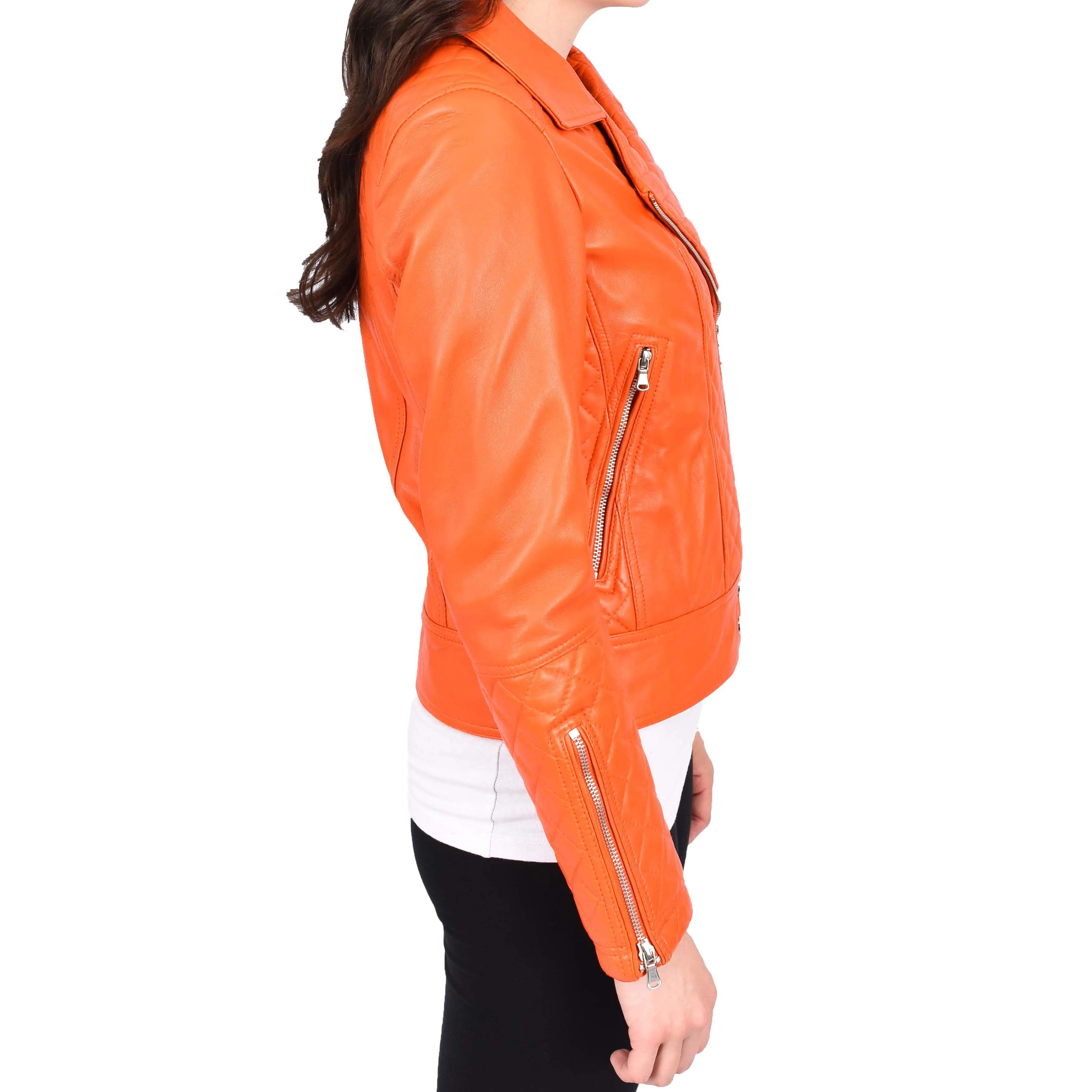 Womens Real Leather Jacket Orange Fitted Quilted Trendy Biker Style Bonnie