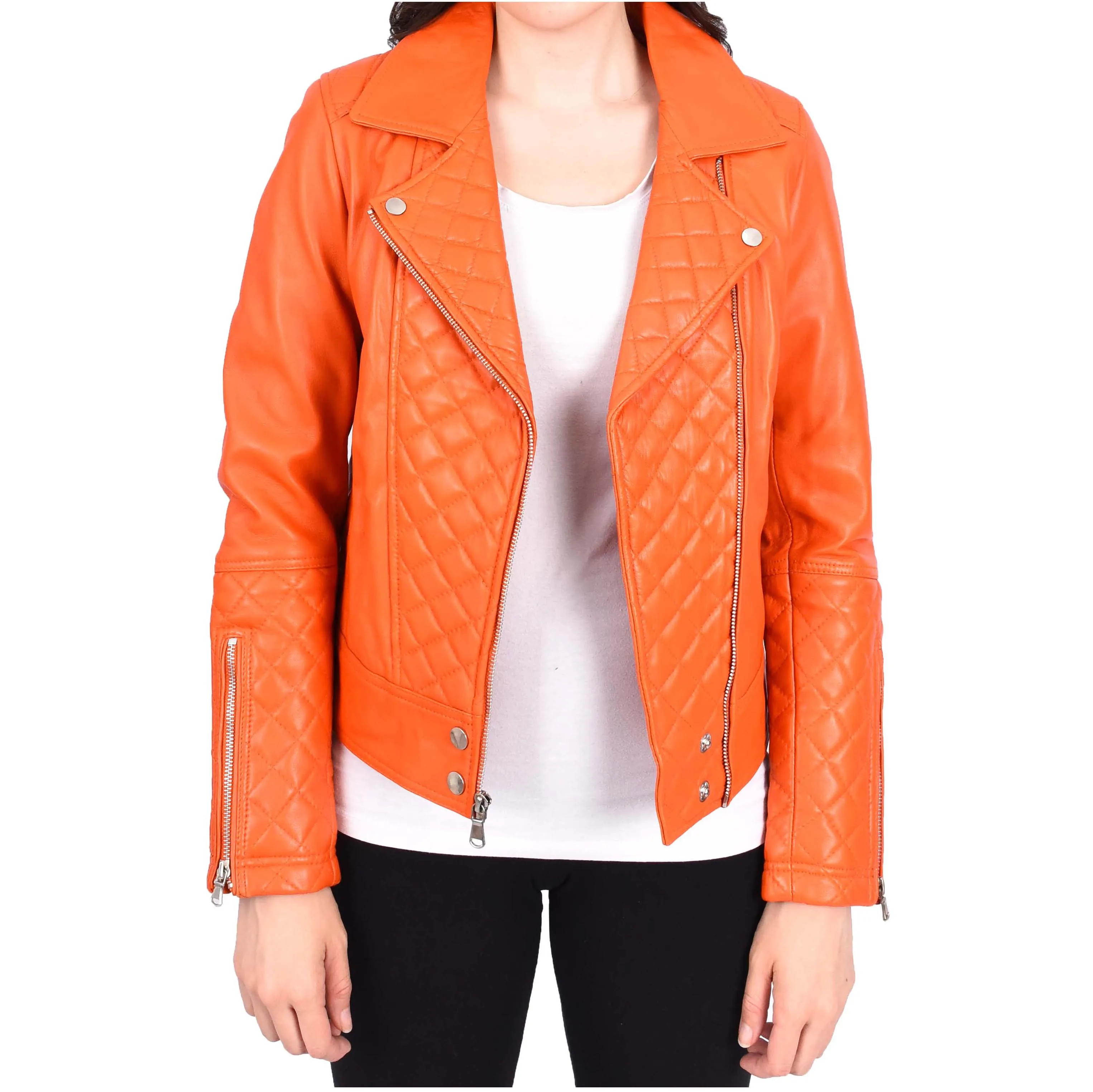 Womens Real Leather Jacket Orange Fitted Quilted Trendy Biker Style Bonnie