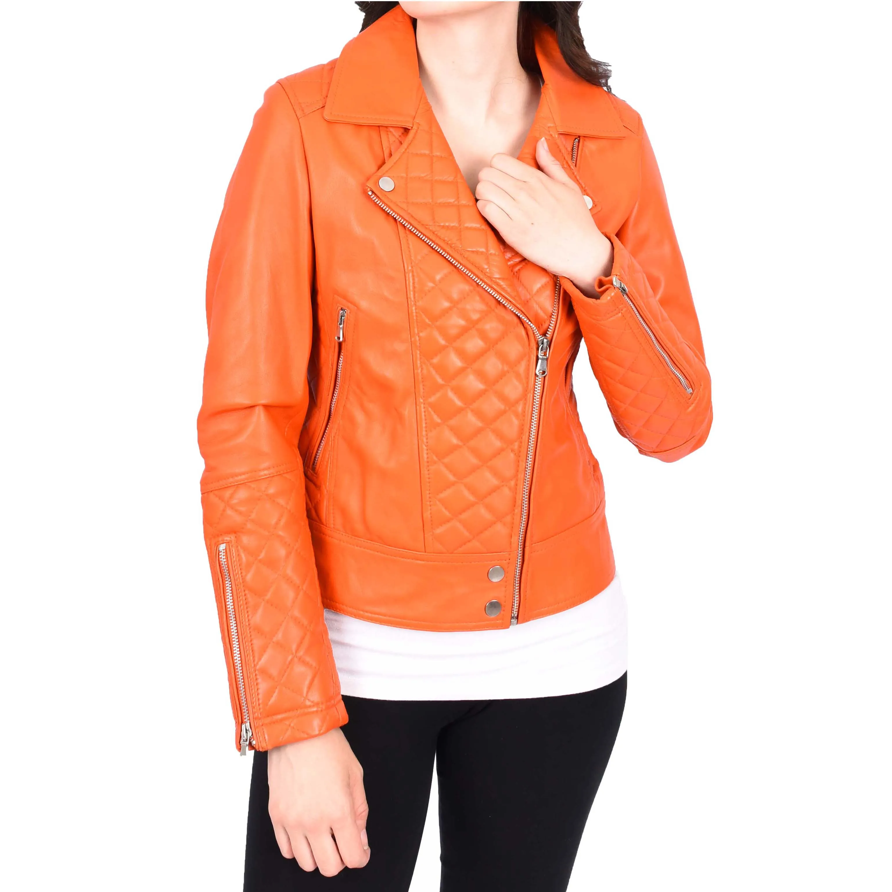 Womens Real Leather Jacket Orange Fitted Quilted Trendy Biker Style Bonnie