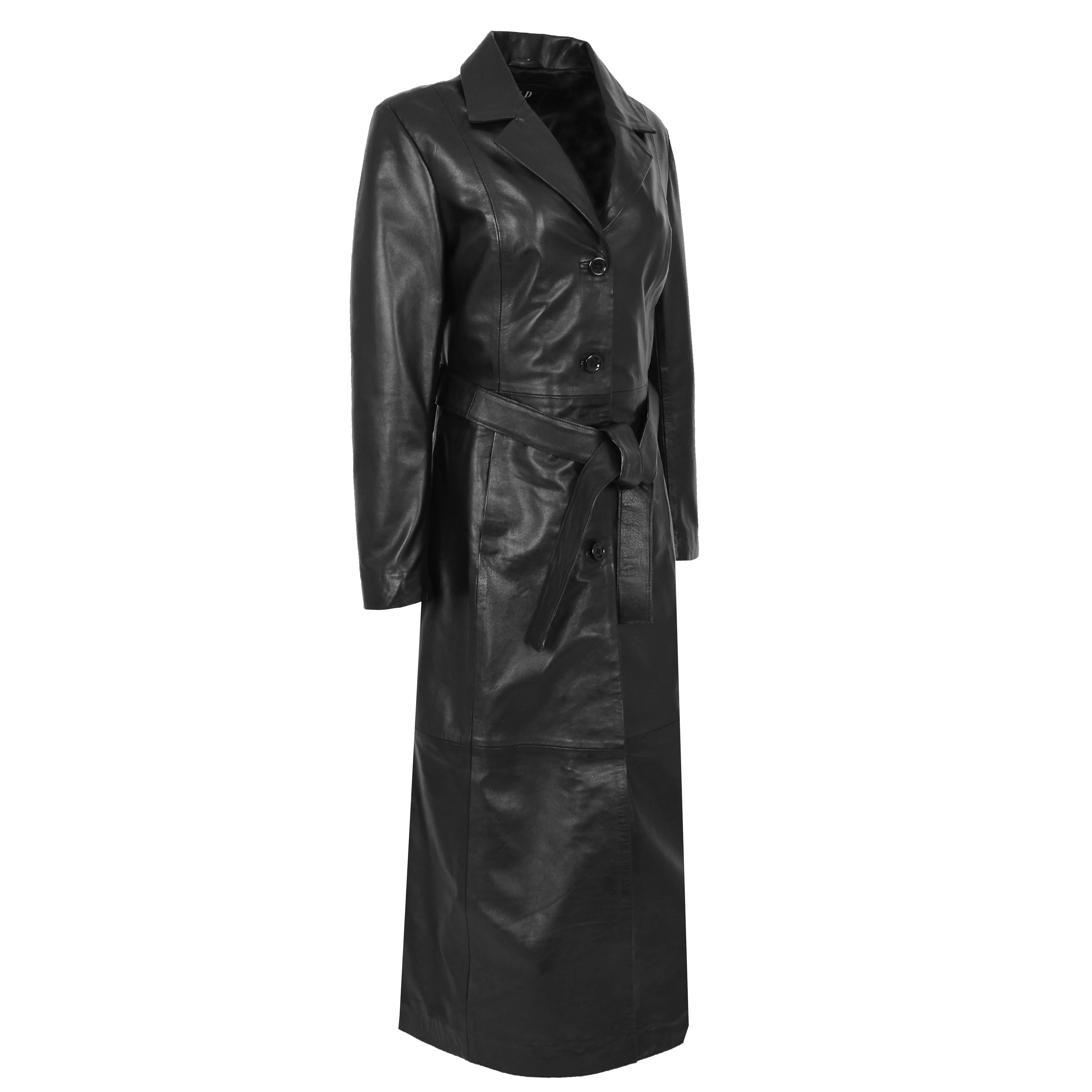 Womens Soft Black Leather Full Length Overcoat Ankle Long Matrix Trench Foxy