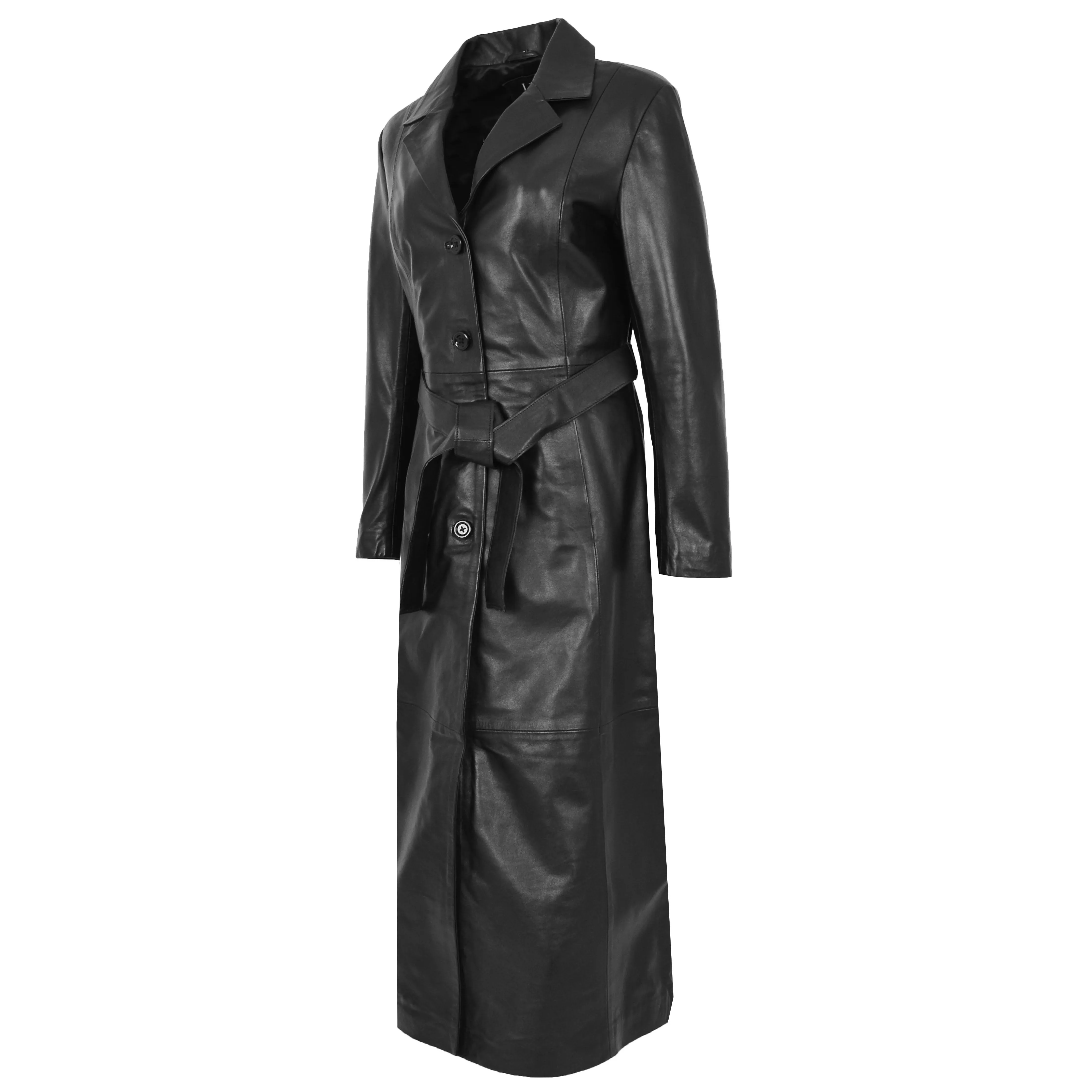 Womens Soft Black Leather Full Length Overcoat Ankle Long Matrix Trench Foxy