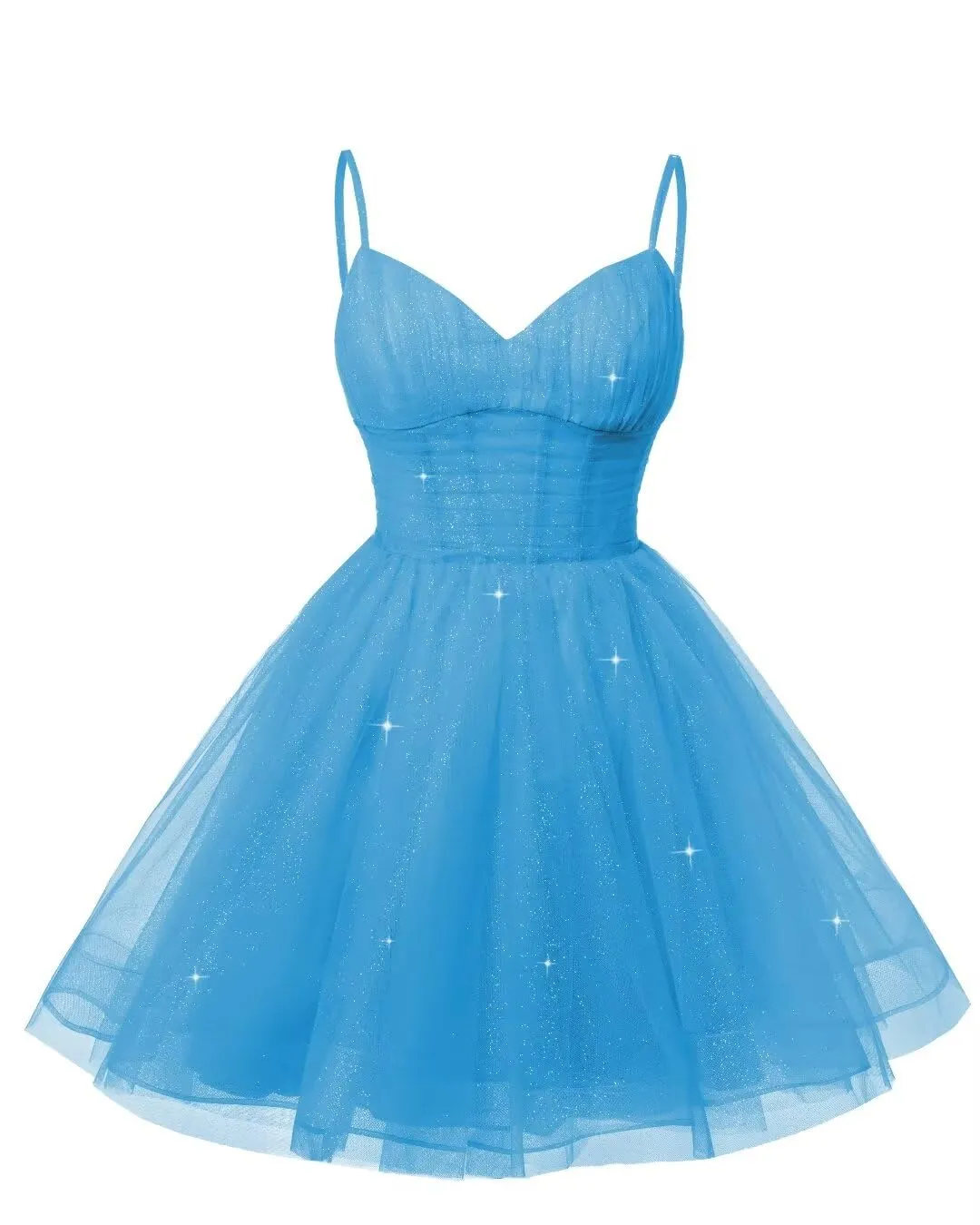 Women's V Neck Tulle Spaghetti Straps Ocean Blue Homecoming Dresses with Corset Back Short Prom Gowns for Teens