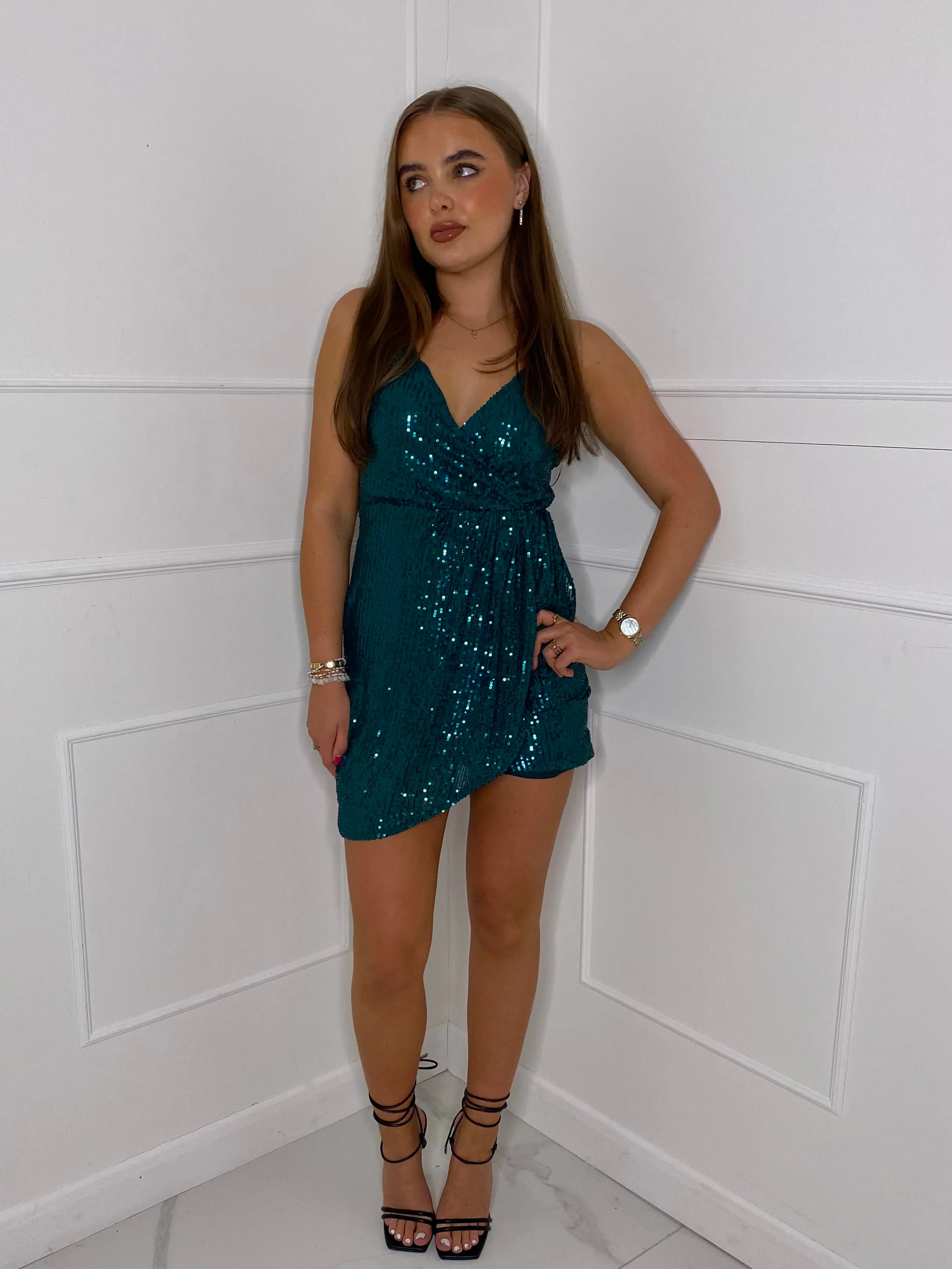 Wrap Front Sequin Dress - Green