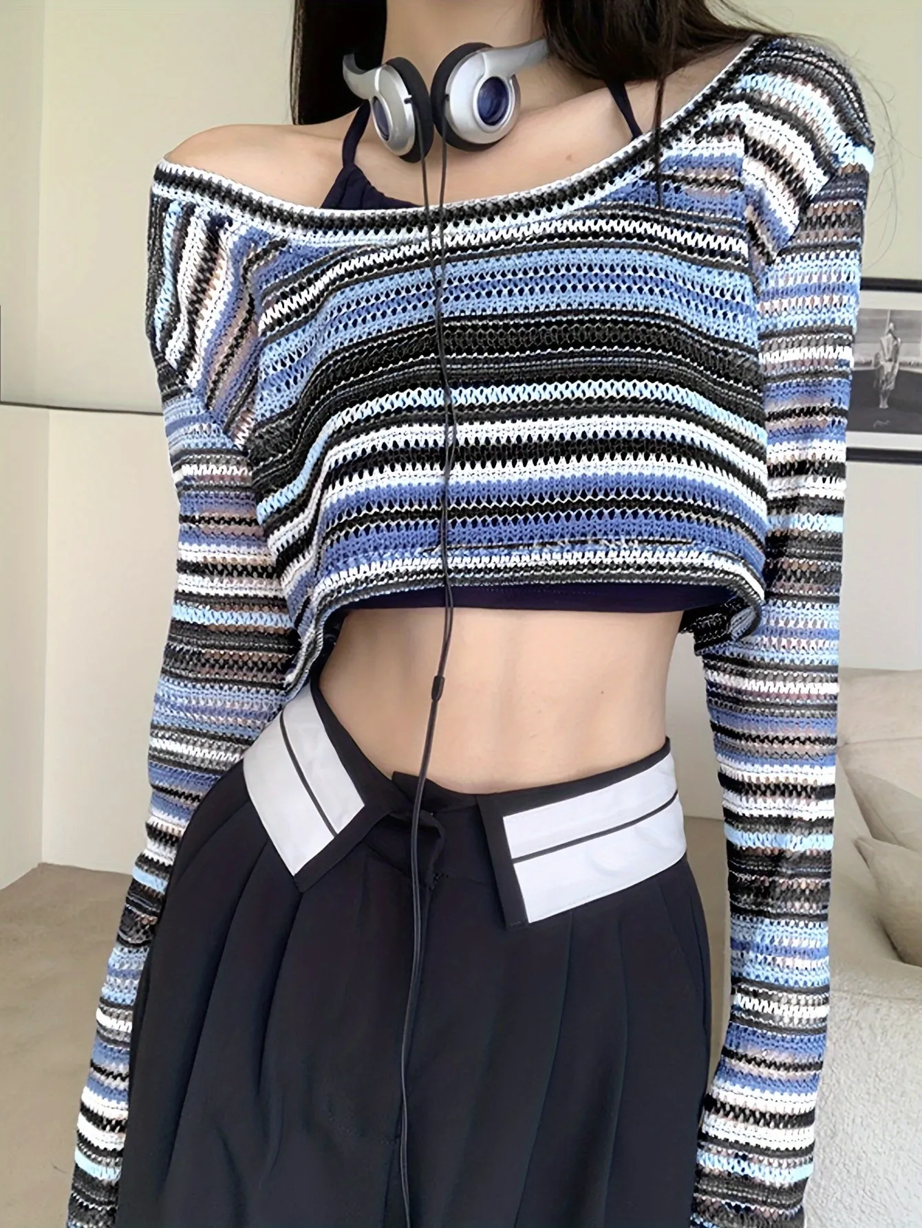 Y2K Striped Eyelet Crop Knit Top, Crew Neck Long Sleeve Sweater, Women's Clothing