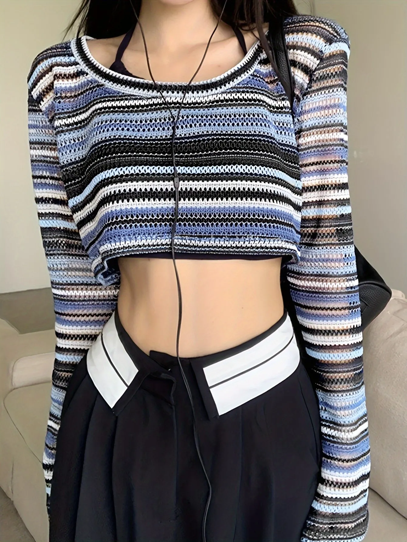 Y2K Striped Eyelet Crop Knit Top, Crew Neck Long Sleeve Sweater, Women's Clothing