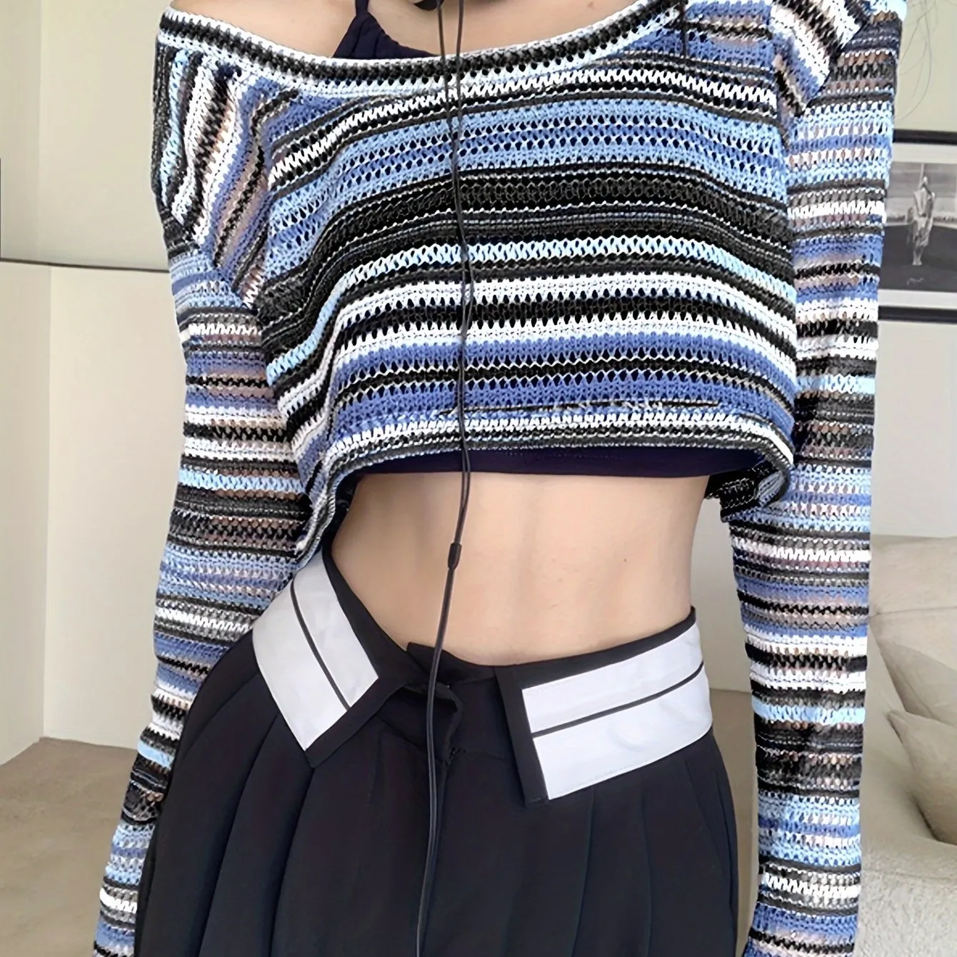 Y2K Striped Eyelet Crop Knit Top, Crew Neck Long Sleeve Sweater, Women's Clothing