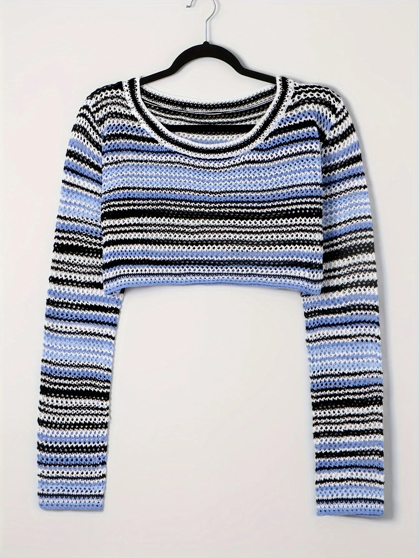 Y2K Striped Eyelet Crop Knit Top, Crew Neck Long Sleeve Sweater, Women's Clothing