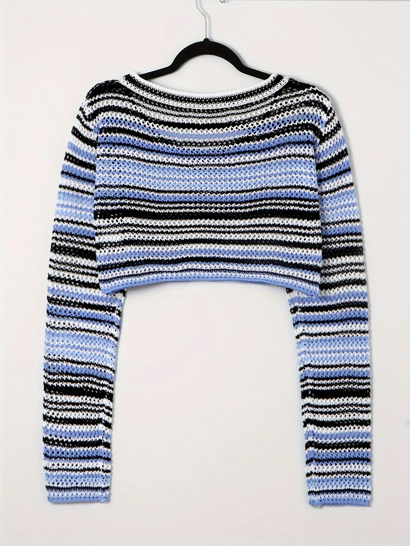 Y2K Striped Eyelet Crop Knit Top, Crew Neck Long Sleeve Sweater, Women's Clothing